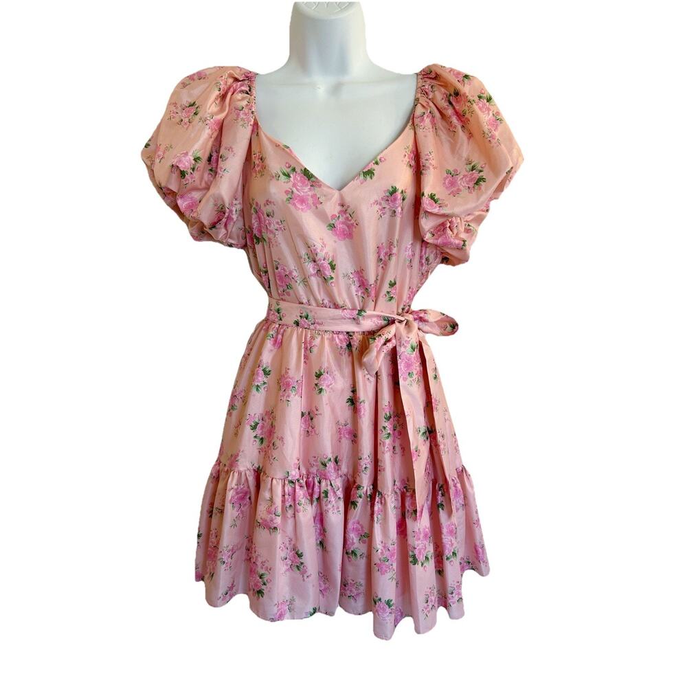 Love Shack Fancy X Target Dress Size 4 Pink Satin Floral Bow Cecile Puff Sleeve